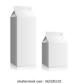 Juice and milk blank white boxes. Mock-up packages