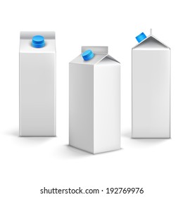 Juice milk blank white carton boxes packages 3d isolated icons vector illustration