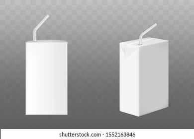 Juice or milk boxes with straw side front view set, white blank packaging mock up isolated on transparent background. Cardboard liquid production containers. Realistic 3d vector illustration, clip art svg