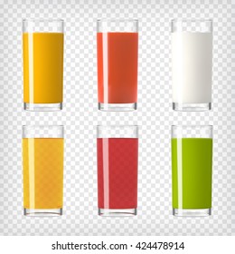 Juice and Milk Glasses set. Colorful set of juices. Realistic glasses with healthy beverages. Vegan juice. Cleansing and detox. Orange, red berry, tomato juices, smoothie and milk. Vector illustration