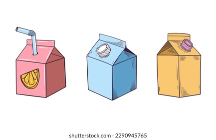 Juice and milk package box set hand drawn colorful cartoon style vector illustration.