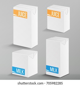 Juice and Milk Package Vector Realistic Mock Up Template. Carton Branding Box 1000 ml and 200 ml. White Empty Clean Cardboard Package Drink Small Juice, Milk Box Blank Isolated. Vector Illustration.