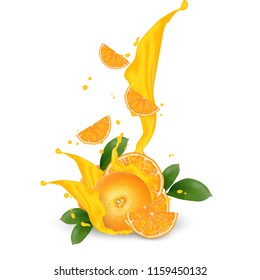 Juice milk yogurt orange slices splashing. Orange leaf. Juicy orange splash packaging template. Falling slices. Vector. 