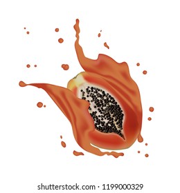 Juice milk yogurt papaya slices splashing.  Juicy papaya splash packaging template. Falling slices. Vector. 