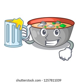 With juice miso soup bowl on table character
