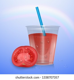 Juice mockup isolated on blue background, 3d illustration. Realistic plastic Cup of tomato juice and ripe tomato vector illustration