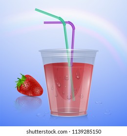 Juice mockup, smoothie cup isolated on transparent background, 3d illustration. Realistic plastic Cup with strawberry juice, vector illustration