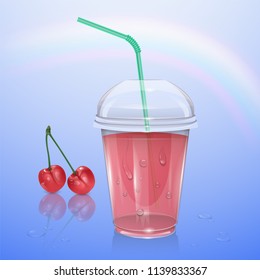 Juice mockup, smoothie cup isolated on transparent background, 3d illustration. Realistic plastic Cup with cherry juice, vector illustration