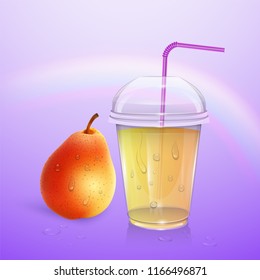 Juice mockup, smoothie cup isolated on purple background, 3d illustration. Realistic plastic Cup with pear juice, vector illustration