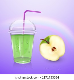 Juice mockup, smoothie cup isolated on purple background, 3d illustration. Realistic plastic Cup with apple juice, vector illustration