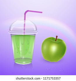 Juice mockup, smoothie cup isolated on purple background, 3d illustration. Realistic plastic Cup with apple juice, vector illustration