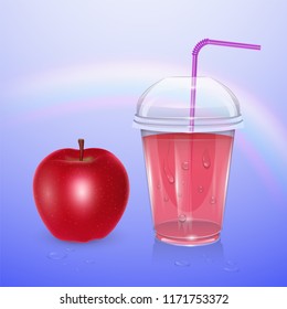 Juice mockup, smoothie cup isolated on purple background, 3d illustration. Realistic plastic Cup with apple juice, vector illustration