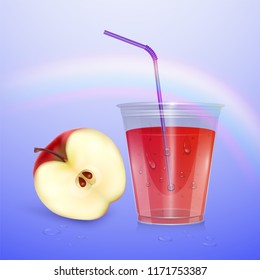 Juice mockup, smoothie cup isolated on purple background, 3d illustration. Realistic plastic Cup with apple juice, vector illustration