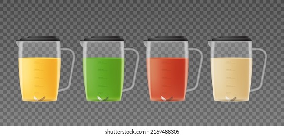 Juice in a mug from a blender. Blender, set of 3d realistic vector illustrations on a transparent background. Kitchen electric appliance for mixing and juicing fruits. Blender mockup set