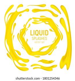 Juice or oil drips and splashes vector set. 3D realistic illustration of the yellow or orange healthy drink, horizontal and vertical splashes or liquid swirls and waves isolated on white background