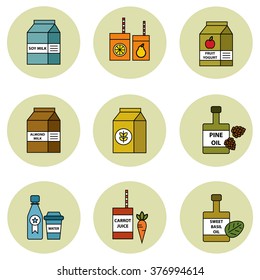 Juice, oils and cereal vector icon set