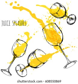 Juice orange and apple splashes in wine glasses, watercolor, sketch vector illustration