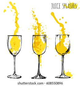 Juice orange and apple splashes in wine glasses, watercolor, sketch vector illustration