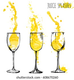 Juice orange and apple splashes in wine glasses, watercolor, sketch vector illustration