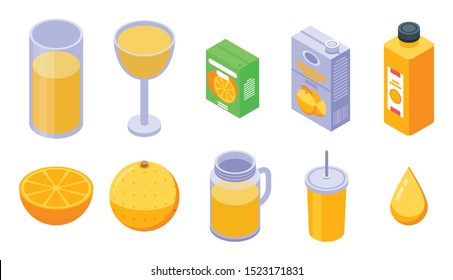 Juice orange icons set. Isometric set of juice orange vector icons for web design isolated on white background