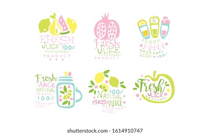 Juice Original Product Logo Collection, Natural Fresh Drink Colorful Hand Drawn Labels Vector Illustration