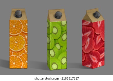 Juice package mockup, carton boxes with fruits print. Pack with orange, kiwi and strawberry front and angle view. Container for liquid production, isolated packing object, Realistic 3d vector mock up