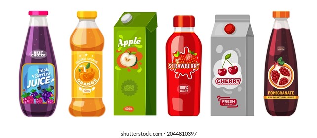 Juice packages in carton boxes and plastic bottles