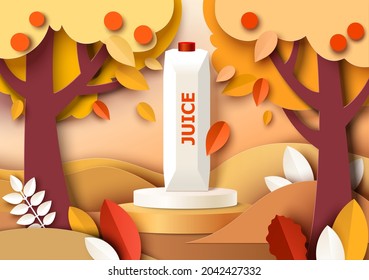 Empaquetado de jugo mockup de cartón en el podio de exposición, corte de papel fondo de la temporada de otoño con hojas de otoño rojas, amarillas, ilustración vectorial. Plantilla de anuncios de alimentos naturales saludables.