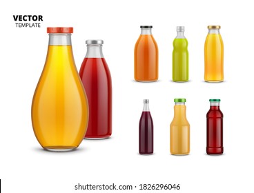 Juice packaging set. Isolated strawberry, apple fruit juice glass bottles icons. Healthy natural drink package with label design collection. Fresh juice packaging vector illustration