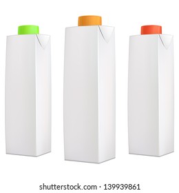 Juice packs with green, orange and red lids isolated on white background