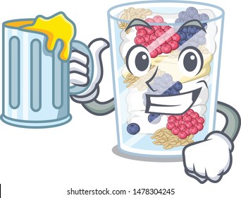 With juice parfait above the wooden table mascot
