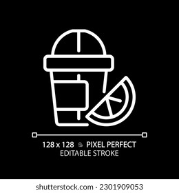 Juice pixel perfect white linear icon for dark theme. Fruit drink. Beverage industry. Sweet cocktail. Detox smoothie. Thin line illustration. Isolated symbol for night mode. Editable stroke