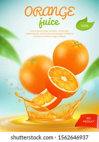 Juice placard. Advertizing banner with orange fresh fruit slice in liquid splashes vector template