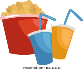 Jugo y palomitas de maíz, ilustración, vector sobre fondo blanco.