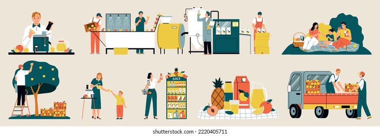 Juice production color set with fruit symbols flat isolated vector illustration