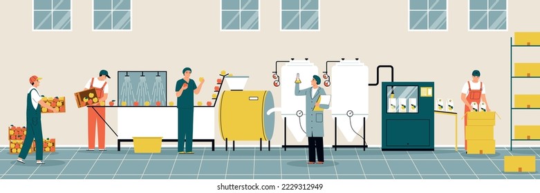 Juice production process with factory machinery and workers carrying fruit conducting control and putting cartons into boxes flat vector illustration