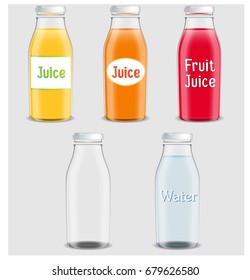Juice products ad. Vector 3d illustration. Bottles template design. Fruit juice brand packages advertisement poster layout. Full and empty glass bottles.
