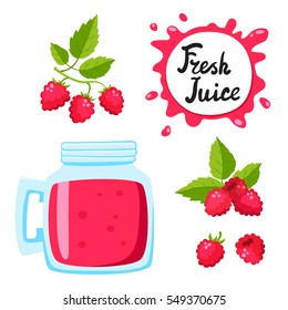 Juice with raspberry in a glass bank, vector cartoon card with fresh berries and smoothie isolated on white. Red juice splashes drops.