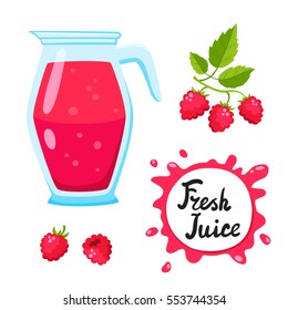 Juice with raspberry in a glass jug, vector cartoon card with fresh berries and smothie isolated on white. Red juice splashes drops.