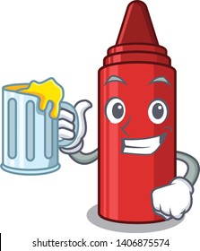 With juice red crayon in a cartoon bag