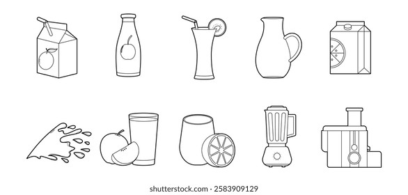 Juice related object outline vector set illustration