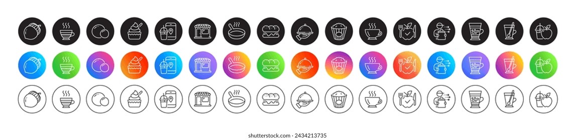 Juice, Restaurant food and Vegetarian food line icons. Round icon gradient buttons. Pack of Tea mug, Burger, Market icon. Popcorn, Frappe, Coffee pictogram. Cafe creme, Frying pan, Acorn. Vector