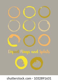 Juice Rings and Splats. Colorful Water Splatter. Vector Vintage Coffee Shop Logo Stamp. Round Borders, Frames, Cup, Mug Stains, Liquid Coffee Rings, Watercolor Splats. Cool Summer Drinks Circle Stains