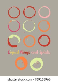 Juice Rings and Splats. Colorful Water Splatter. Vector Vintage Coffee Shop Logo Stamp. Round Borders, Frames, Cup, Mug Stains, Liquid Coffee Rings, Watercolor Splats. Cool Summer Drinks Circle Stains