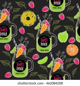 Juice seamless pattern background. Fruits hand-drawing elements. Graphic texture for restaurant template menu.