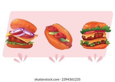 Juice set of fast food burger and Hot Dog isolated with rose background