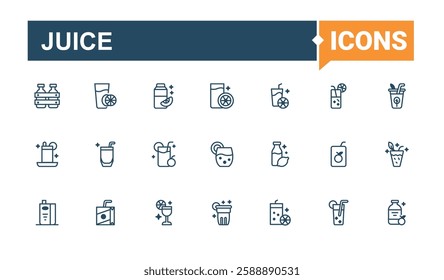 Juice set of modern icons. Icons hot, beer, restaurant, coconut, cold, can, brandy, soda. Flat UI icon design. Editable vector outline and solid icons.