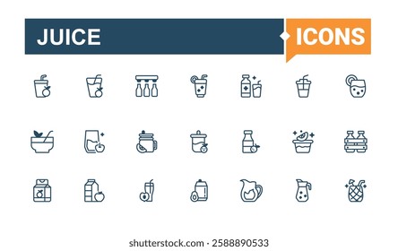 Juice set of modern icons. Icons hot, beer, restaurant, coconut, cold, can, brandy, soda. Flat UI icon design. Editable vector outline and solid icons.