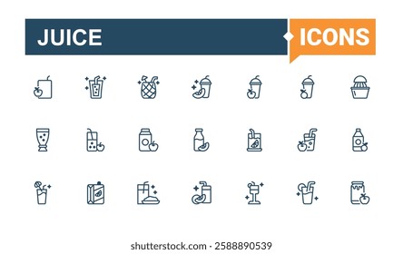 Juice set of modern icons. Icons hot, beer, restaurant, coconut, cold, can, brandy, soda. Flat UI icon design. Editable vector outline and solid icons.