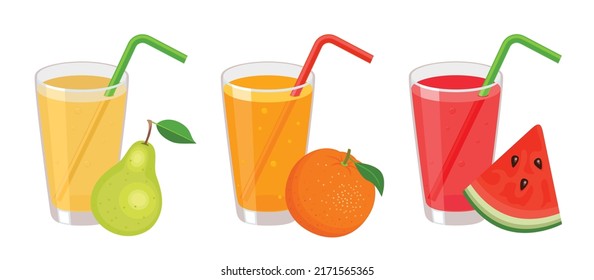 Juego de jugo. Dibujo vectorial de sandía dulce, naranja y pera con tubo para beber. Tomar vitaminas naturales. El verano bebe un icono plano.